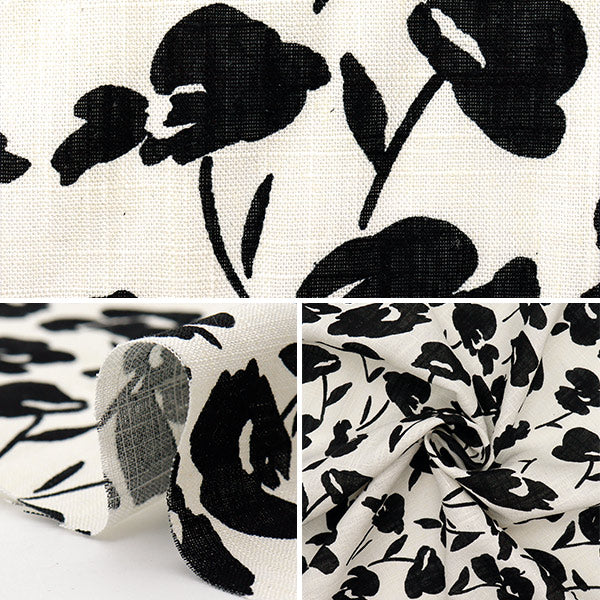 【数量5から】 生地 『とろみリネンプリント FLORALDOTS ホワイト×ブラック LIRYP-FD-WHBK』