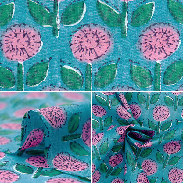 【数量5から】 生地 『インドボイルプリント 花柄 ブルー×ピンク RAM-BOI-25B』