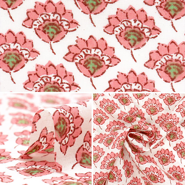 【数量5から】 生地 『インドボイルプリント 花柄小紋 ベージュ×ピンク RAM-BOI-25G』