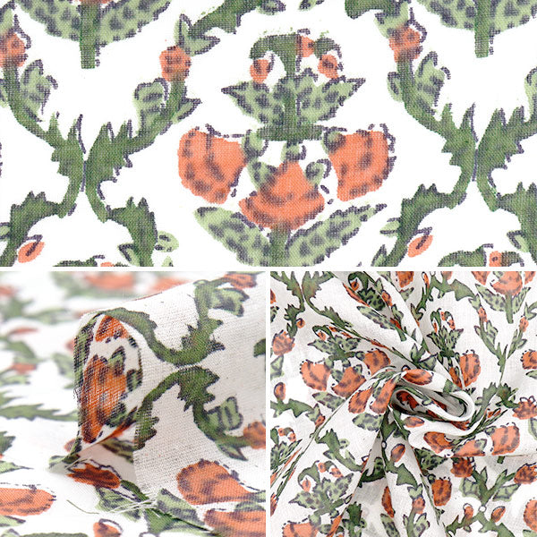 【数量5から】 生地 『インドボイルプリント 花柄 オフ×オレンジ RAM-BOI-25K』