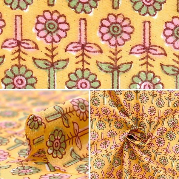 【数量5から】 生地 『インドボイルプリント 花柄 イエロー×ピンク RAM-BOI-25S』