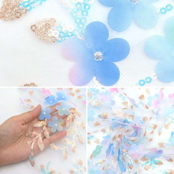 【数量5から】 生地 『スパンコールチュール ボタニカルフラワー ブルー SPTULH-BTFLBL』