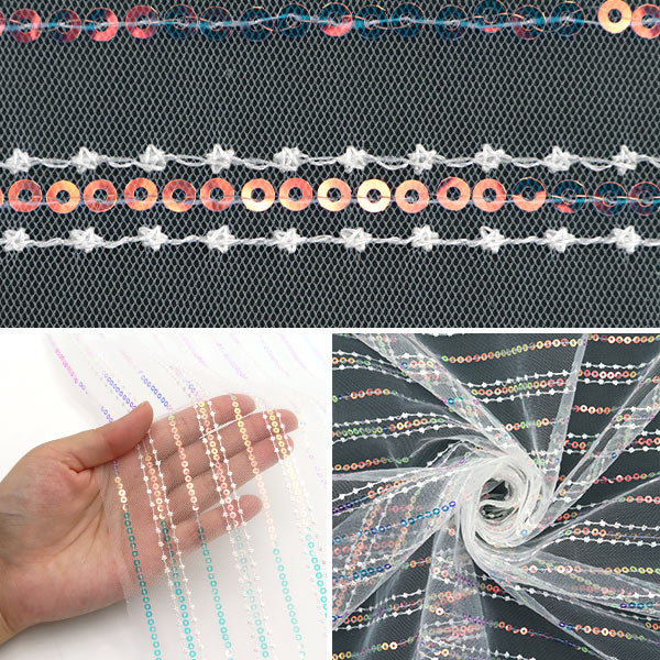 【数量5から】 生地 『スパンコールチュール ライン オーロラ SPTULH-LIARWH』