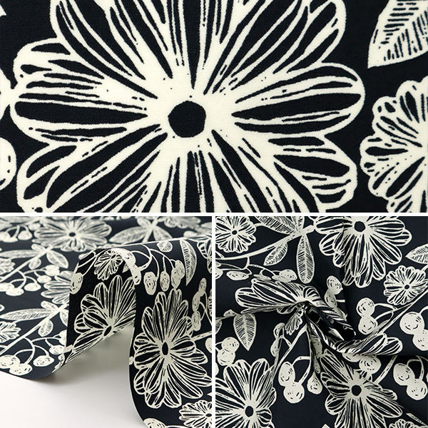 【数量5から】生地 『ナイロンタフタプリント 北欧花柄 クロ×シロ SG-4001-A』