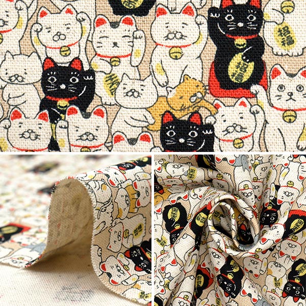 【数量5から】 生地 『綿麻キャンバス まねき猫 ベージュ KTS7106-A』 COTTON KOBAYASHI コットンこばやし 小林繊維