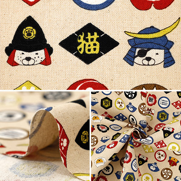 【数量5から】 生地 『綿麻キャンバス 家紋ネコ ベージュ KTS7139-A』 COTTON KOBAYASHI コットンこばやし 小林繊維