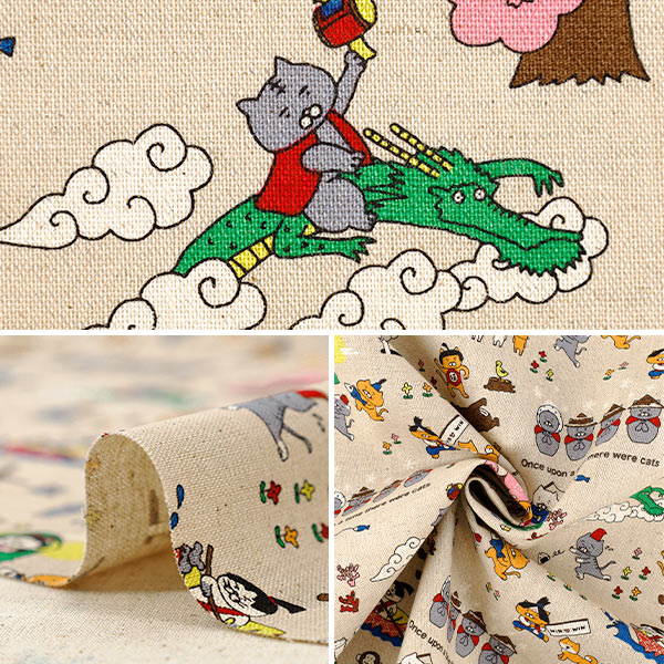【数量5から】 生地 『綿麻キャンバス 昔ばなし猫 ナチュラル KTS7152-A』 COTTON KOBAYASHI コットンこばやし 小林繊維