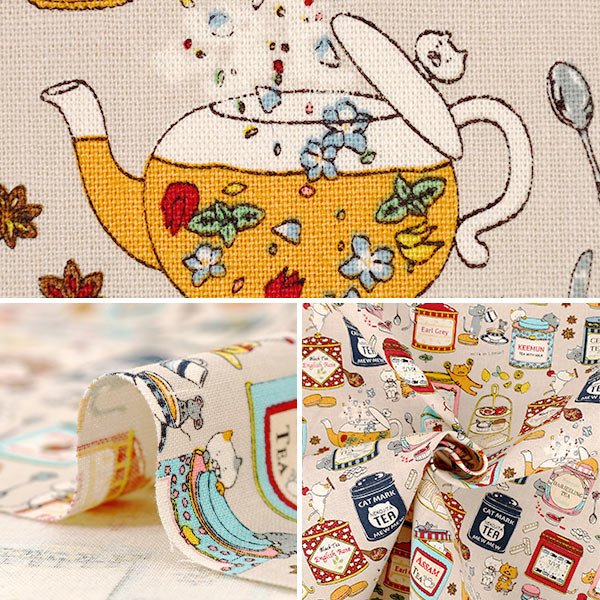 【数量5から】 生地 『綿麻キャンバス 紅茶猫 ナチュラル KTS7163-A』 COTTON KOBAYASHI コットンこばやし 小林繊維