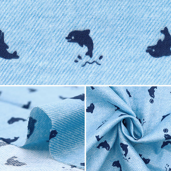 【数量5から】 生地 『Wガーゼ デニム調プリント いるか サックス AP25501-18A』
