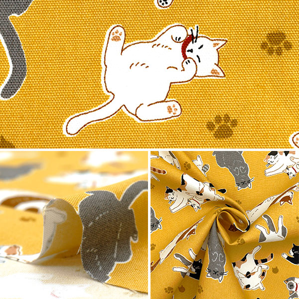 【数量5から】 生地 『オックス へそ天にゃんこ イエロー AP52903-2A』