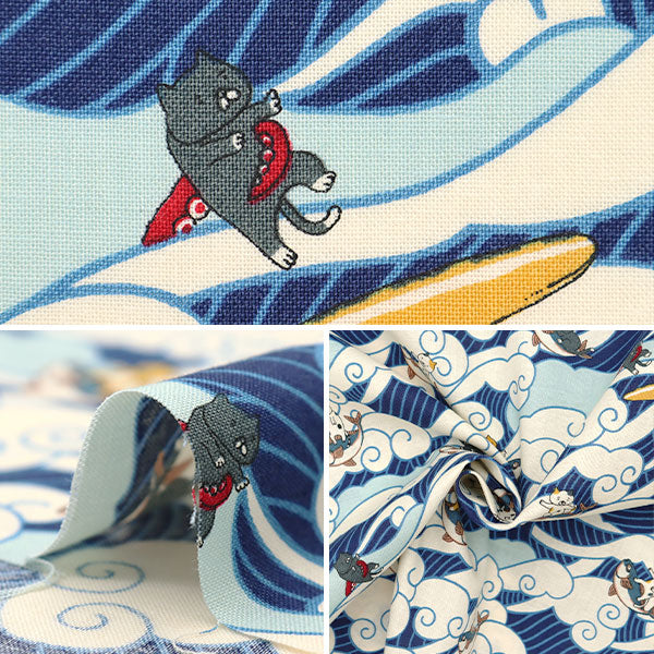 【数量5から】 生地 『シーチング ネコサーフィン ブルー ACS1103-A』 COTTON KOBAYASHI コットンこばやし 小林繊維