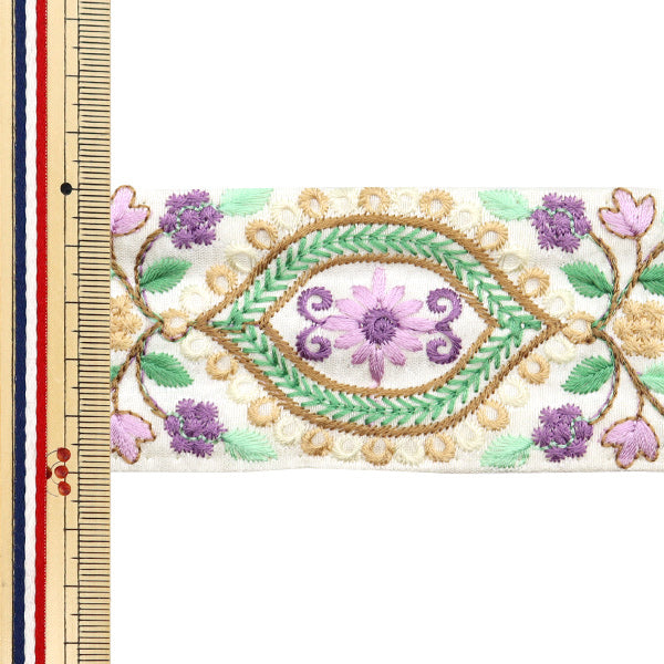 【数量5から】 手芸ブレード 『2024 インド刺繍ブレード ホワイト×パープル 3467J』
