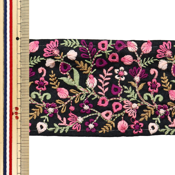 【数量5から】 手芸ブレード 『2024 インド刺繍ブレード ブラック×ピンク 2077F』