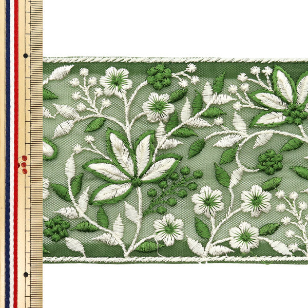 【数量5から】 手芸ブレード 『2024 インド刺繍ブレード グリーン×ホワイト 2150F』