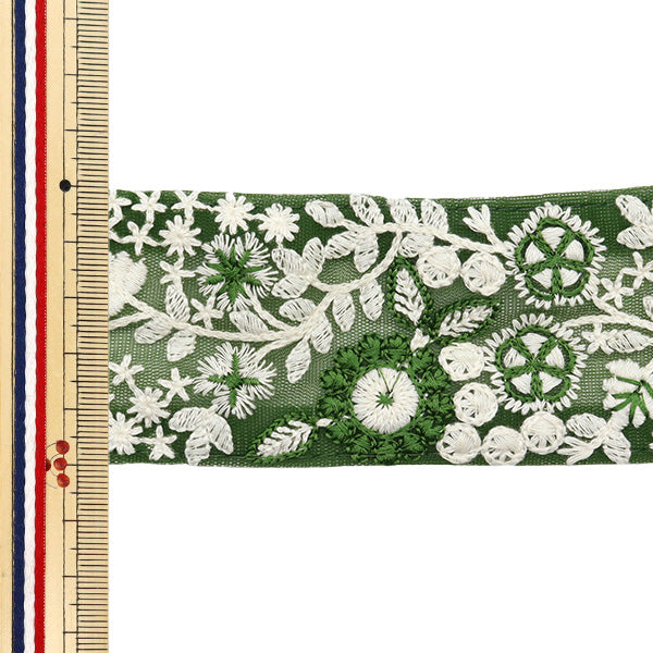 【数量5から】 手芸ブレード 『2024 インド刺繍ブレード グリーン×ホワイト 2168A』