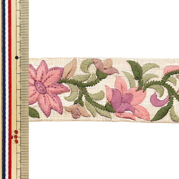 【数量5から】 手芸ブレード 『2022 インド刺繍ブレード ベージュ×ピンク 44383I』
