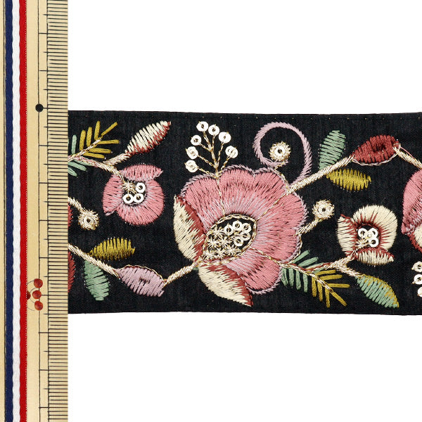 【数量5から】 手芸ブレード 『2024 インド刺繍ブレード ブラック×ピンク M-332A1』