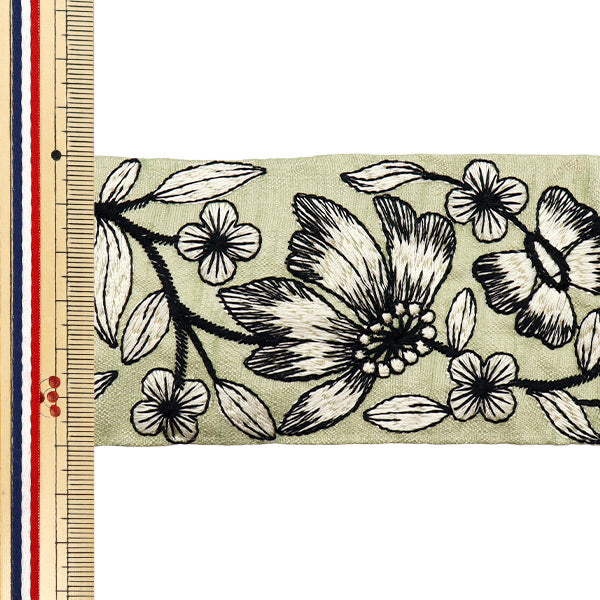 【数量5から】 手芸ブレード 『2022 インド刺繍ブレード グリーン×クリーム 44374A』