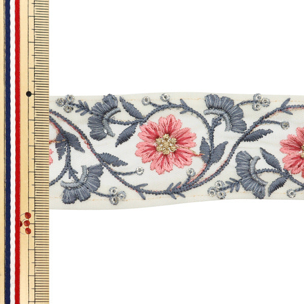 【数量5から】 手芸ブレード 『2022 インド刺繍ブレード ベージュ×ピンク 44461M』