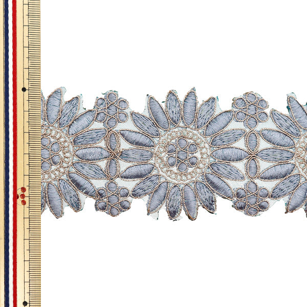 【数量5から】 手芸ブレード 『2023 インド刺繍ブレード ブルーグレー×ベージュ M-39C』