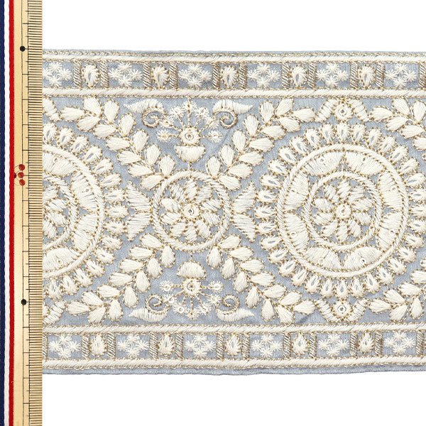 【数量5から】 手芸ブレード 『2024 インド刺繍ブレード ブルーグレー×ホワイト M-297A4』