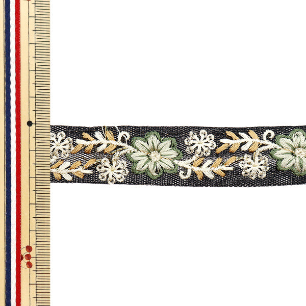 【数量5から】 手芸ブレード 『2024 インド刺繍ブレード ブラック×グリーン M-487K』