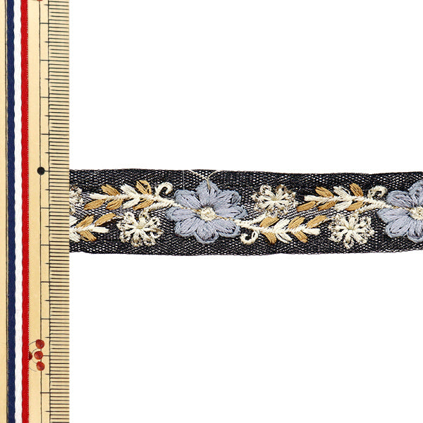 【数量5から】 手芸ブレード 『2024 インド刺繍ブレード ブラック×ブルーグレー M-487Q』