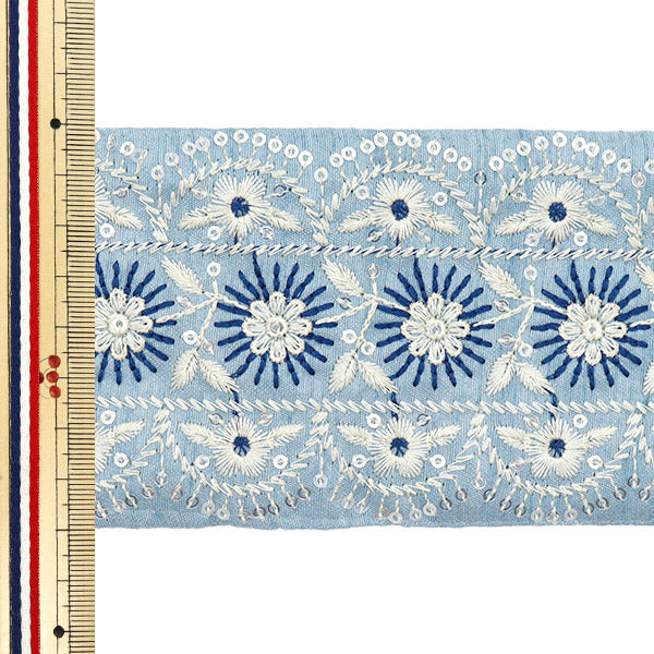 【数量5から】 手芸ブレード 『インド刺繍ブレード 約8cm幅 ブルー M-552B』