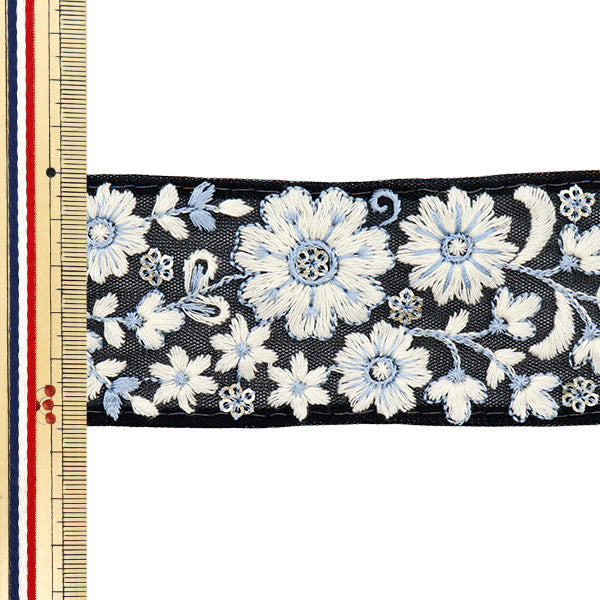 【数量5から】 手芸ブレード 『インド刺繍ブレード 約5cm幅 ブラック×ブルー M-647C』