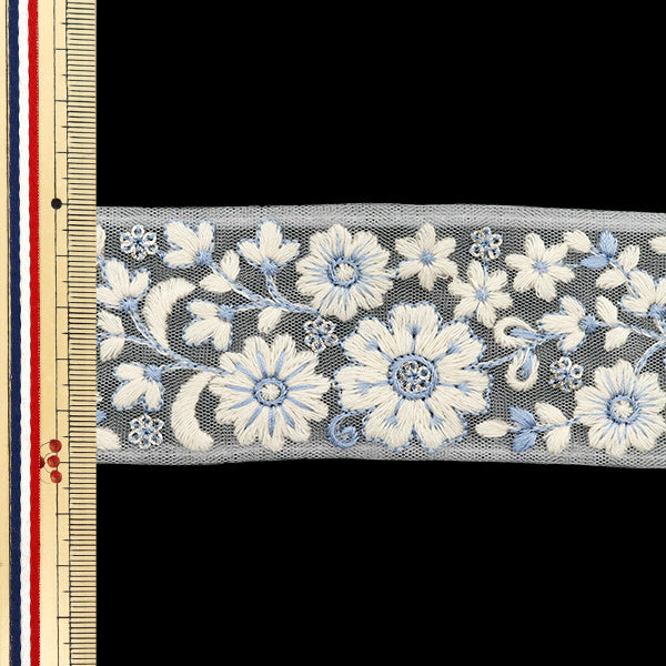 【数量5から】 手芸ブレード 『インド刺繍ブレード 約5cm幅 ホワイト×ブルー M-647F』