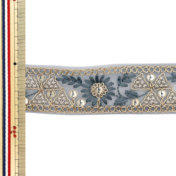 【数量5から】 手芸ブレード 『インド刺繍ブレード 約3.5cm幅 グレー M-749』