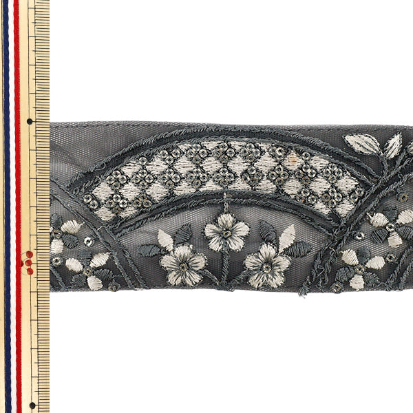 【数量5から】 手芸ブレード 『2024SS インド刺繍ブレード 約6cm幅 グレー×ホワイト 2170B』