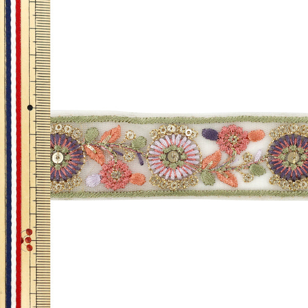 【数量5から】 手芸ブレード 『2025 インド刺繍ブレード 約3.5cm幅 ベージュ×グリーン M-1289E』