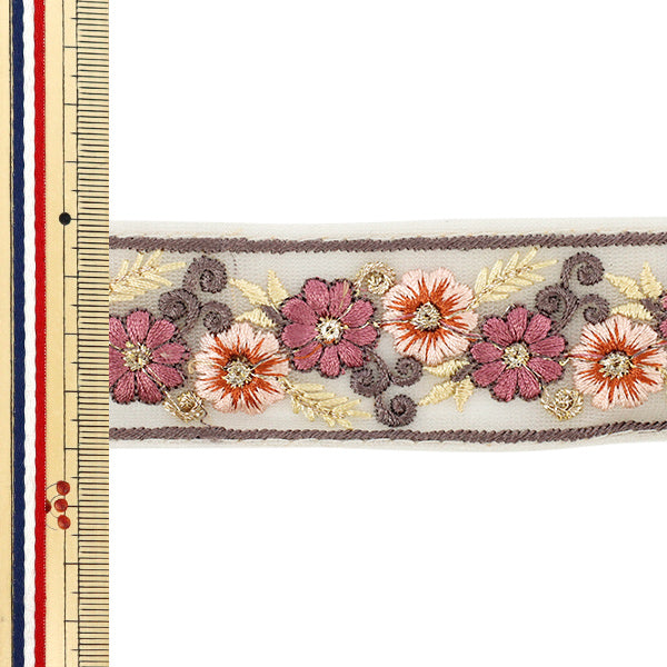 【数量5から】 手芸ブレード 『2025 インド刺繍ブレード 約4cm幅 ベージュ×パープル M-1291C』