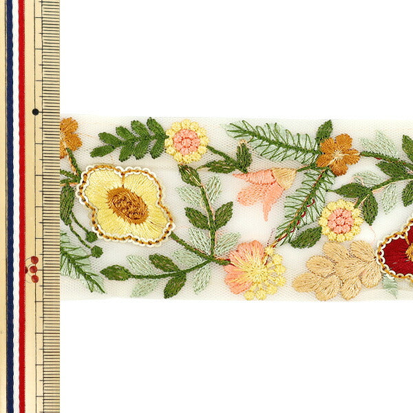 【数量5から】 手芸ブレード 『2022 インド刺繍ブレード 約6cm幅 ベージュ×グリーン 45360B』