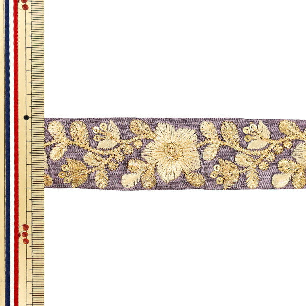 【数量5から】 手芸ブレード 『2023 インド刺繍ブレード 約3cm幅 パープル×ベージュ 494H』