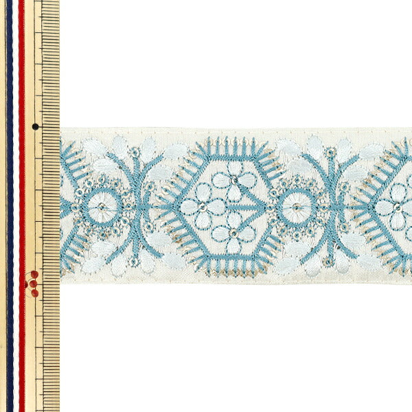 【数量5から】 手芸ブレード 『2023 インド刺繍ブレード 約5cm幅 ホワイト×ブルー 3798B』