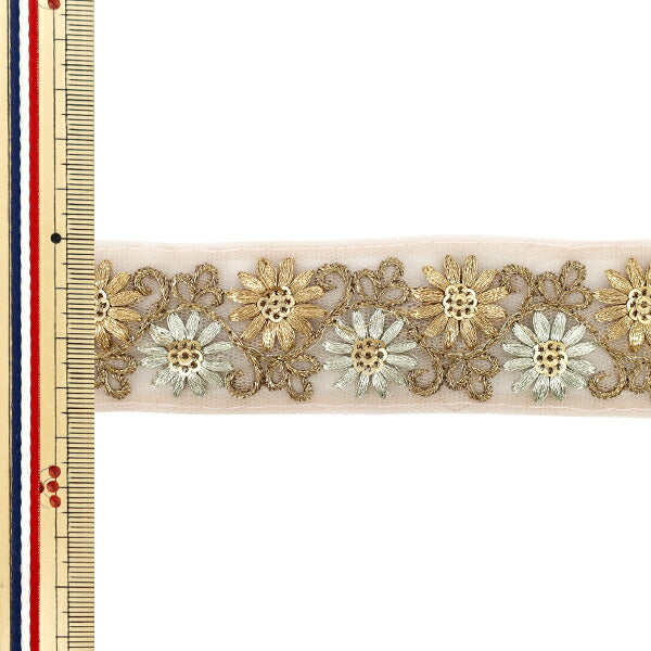 【数量5から】 手芸ブレード 『2024 インド刺繍ブレード 約3.5cm幅 ピンク×ベージュ M-840B』