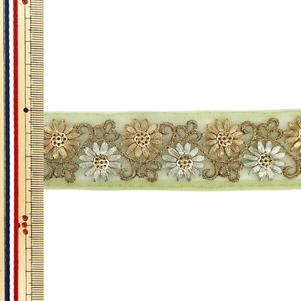 【数量5から】 手芸ブレード 『2024 インド刺繍ブレード 約3.5cm幅 グリーン×ベージュ M-840I』