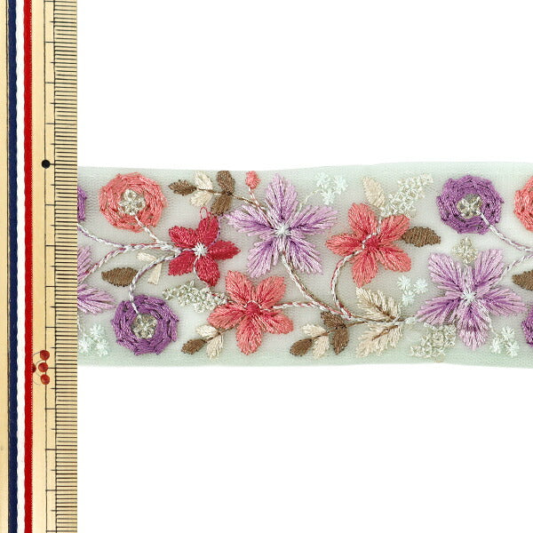 【数量5から】 手芸ブレード 『2025 インド刺繍ブレード 約5cm幅 グリーン×ピンク M-879A』