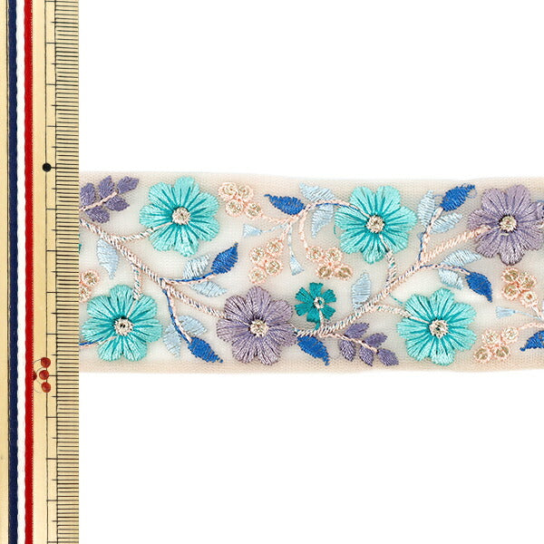 【数量5から】 手芸ブレード 『2025 インド刺繍ブレード 約5cm幅 ベージュ×グリーン M-880I』