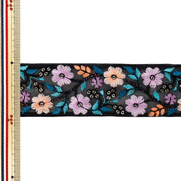 【数量5から】 手芸ブレード 『2025 インド刺繍ブレード 約4.5cm幅 ブラック×パープル M-880A』