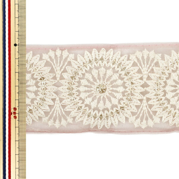 【数量5から】 手芸ブレード 『2025 インド刺繍ブレード 約6.5cm幅 ピンク×ホワイト M-950S』