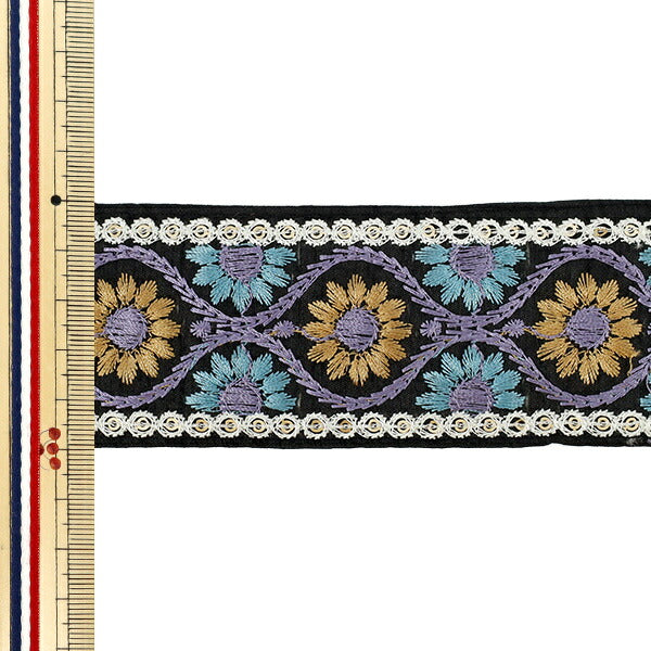 【数量5から】 手芸ブレード 『2025 インド刺繍ブレード 約5cm幅 ブラック×ブルー M-953I』