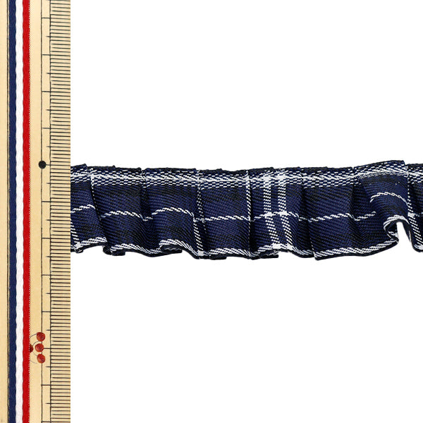 【数量5から】 フリルリボンテープ 『タータンフリル 幅約2.5cm ネイビー FR2412』