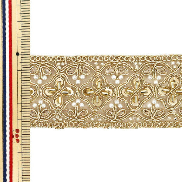 【数量5から】 手芸ブレード 『2025 インド刺繍ブレード 約4.5cm幅 ベージュ×ゴールド 47996A』