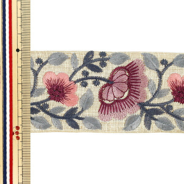【数量5から】 手芸ブレード 『2022 インド刺繍ブレード約5cm幅 ベージュ×パープル 45361E』