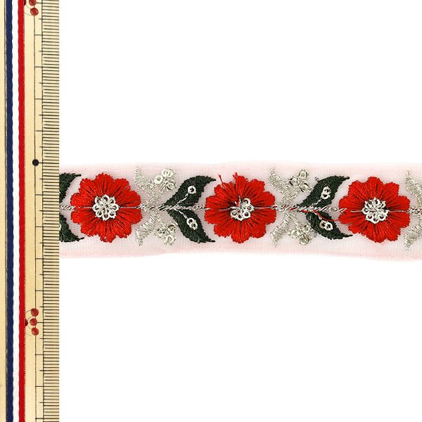 【数量5から】 手芸ブレード 『2025 インド刺繍ブレード 約3cm幅 ピンク×レッド M-1213E』