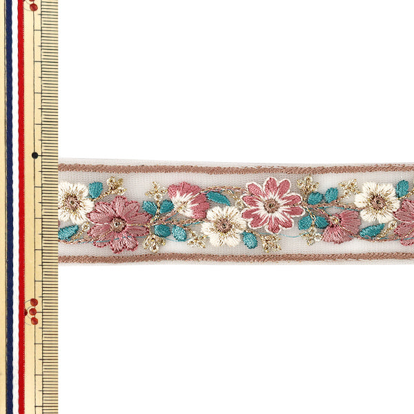 【数量5から】 手芸ブレード 『2025 インド刺繍ブレード 約3.5cm幅 ホワイト×ピンク M-1290F』