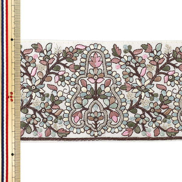 【数量5から】 手芸ブレード 『2023 インド刺繍ブレード 約8.5cm幅 ホワイト×ブラウン 3946D』